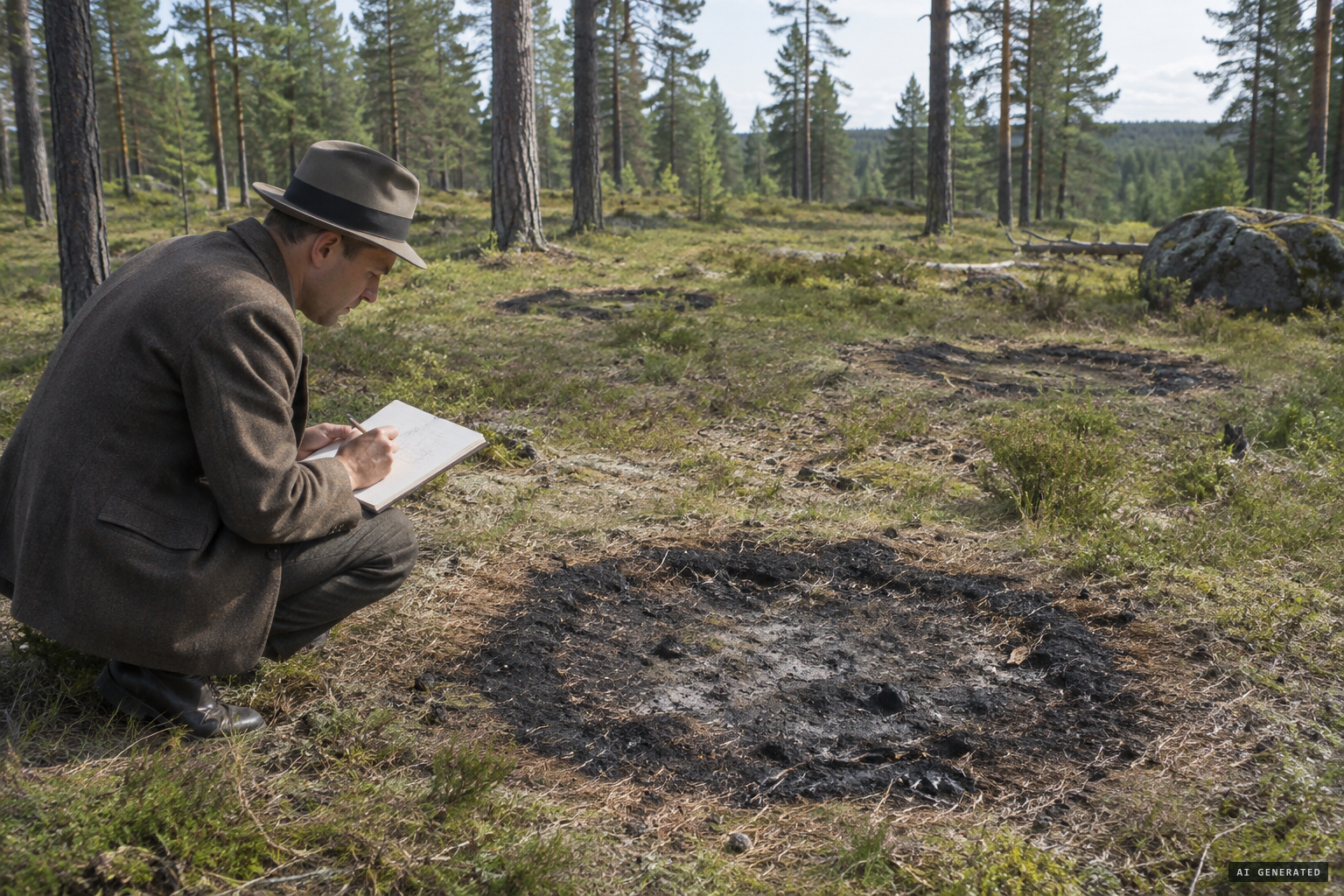 Burned circular marks in the grass the next morning