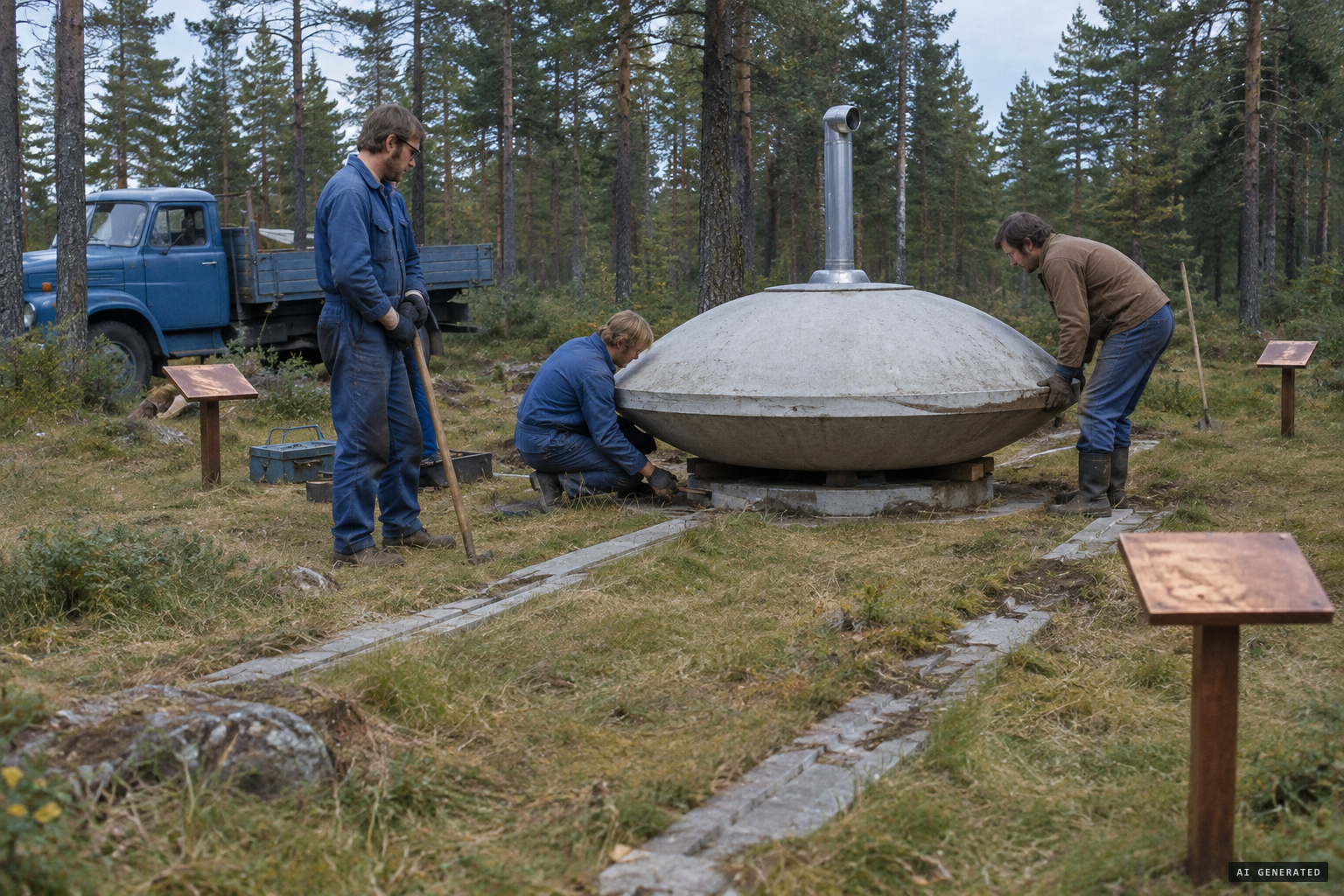 The 1972 memorial: a 1:8 concrete saucer, landing tracks and copper plaques