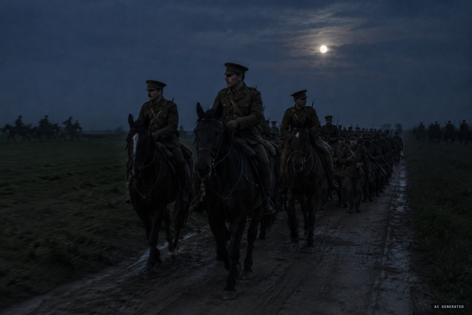 A very large body of horsemen keeping pace with the column at night