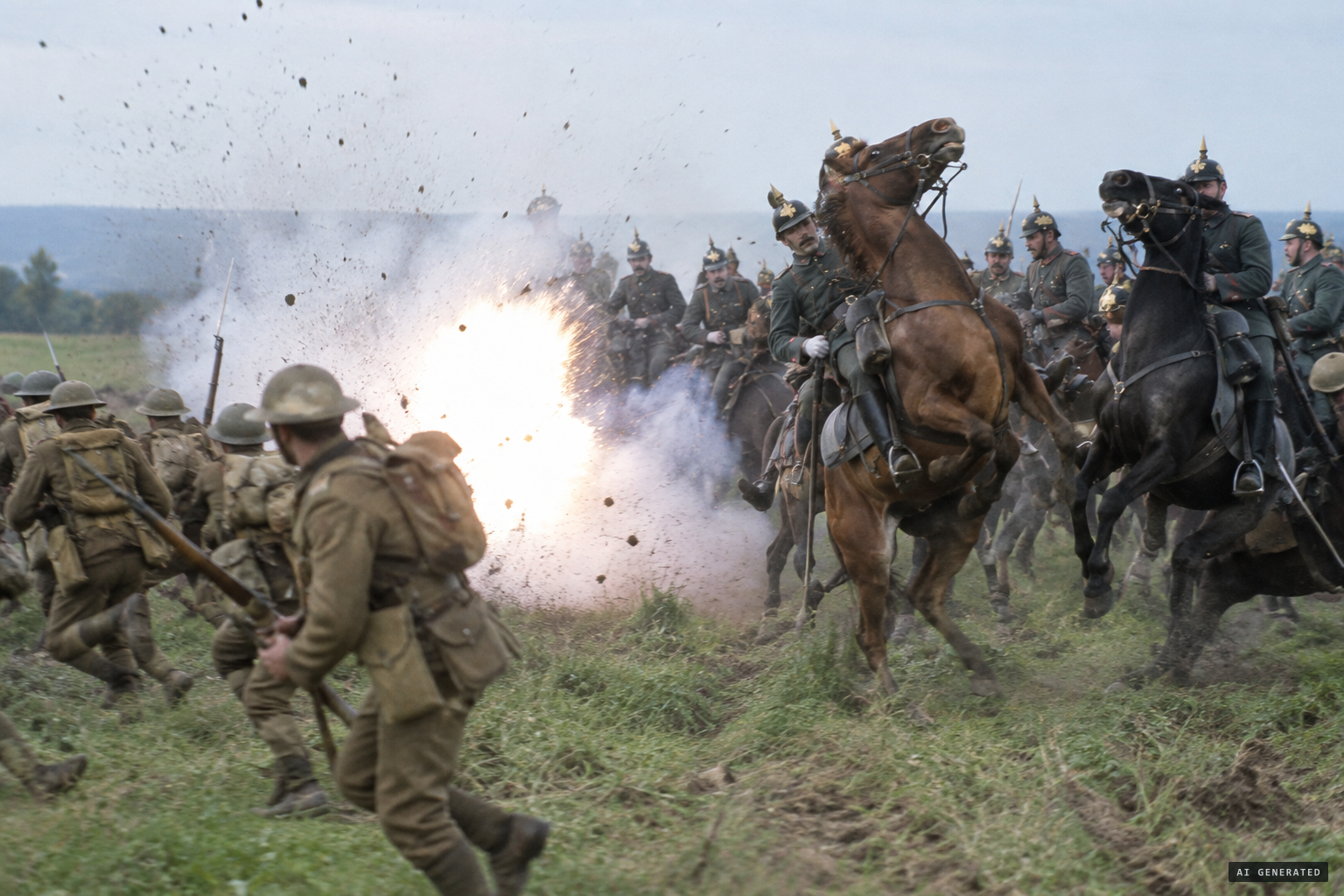A flash between the retreating troops and the German cavalry, whose horses stampede