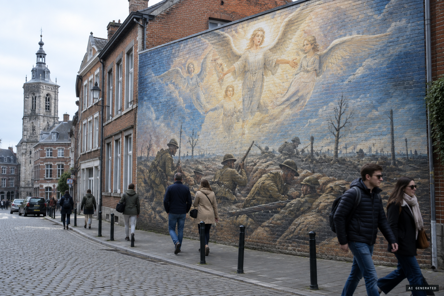 The angels still appear in Mons, in street art on the Rue de Houdain