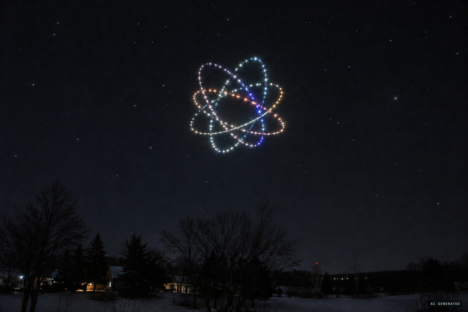Six hula-hoops with lights around each loop, like an orbital diagram of an atom