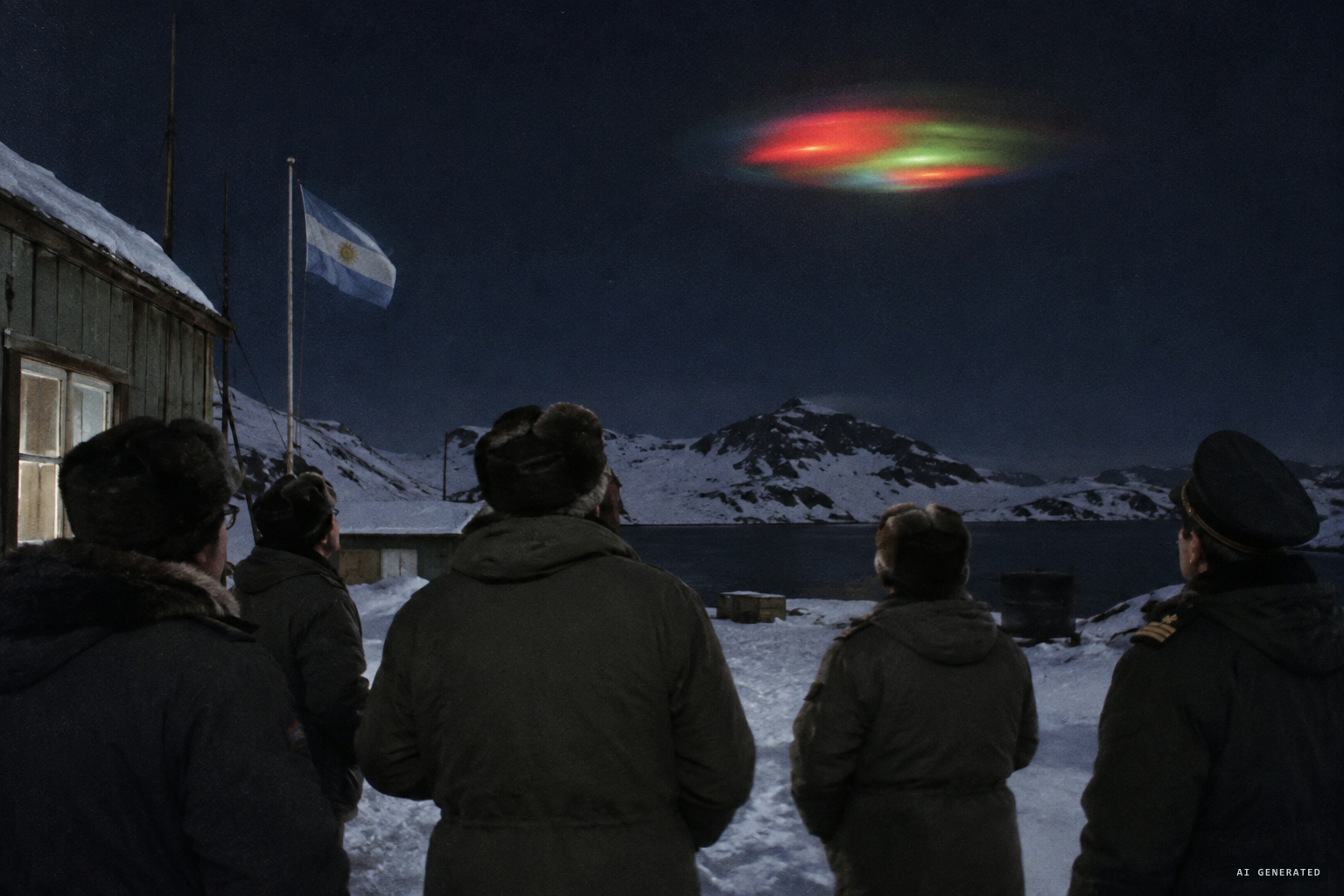 The crew at the Argentine station watches a lenticular object, mostly red and green