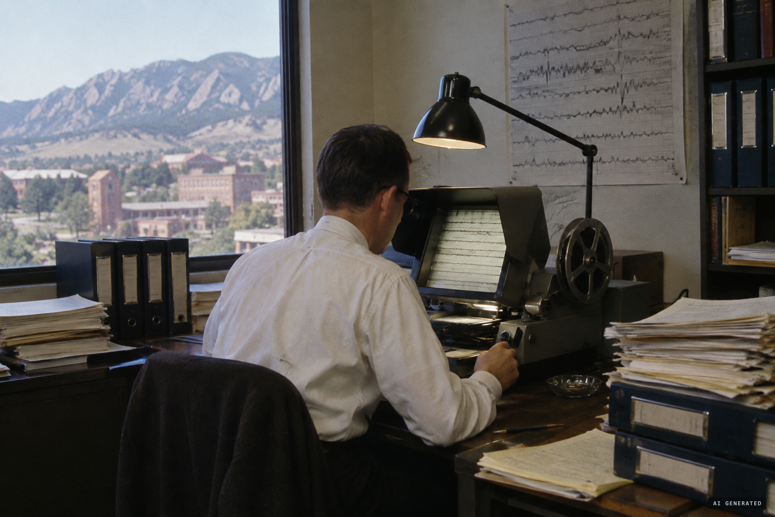 Roy Craig examines microfilm copies of the Orcadas magnetograms for the Condon Committee