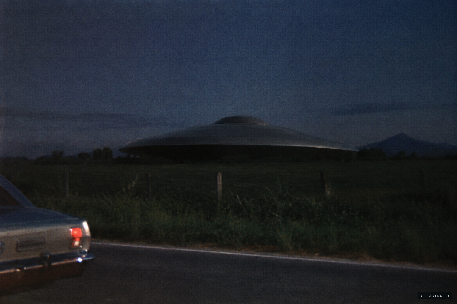 A huge, dull lead-grey hat-shaped object sitting in the field.