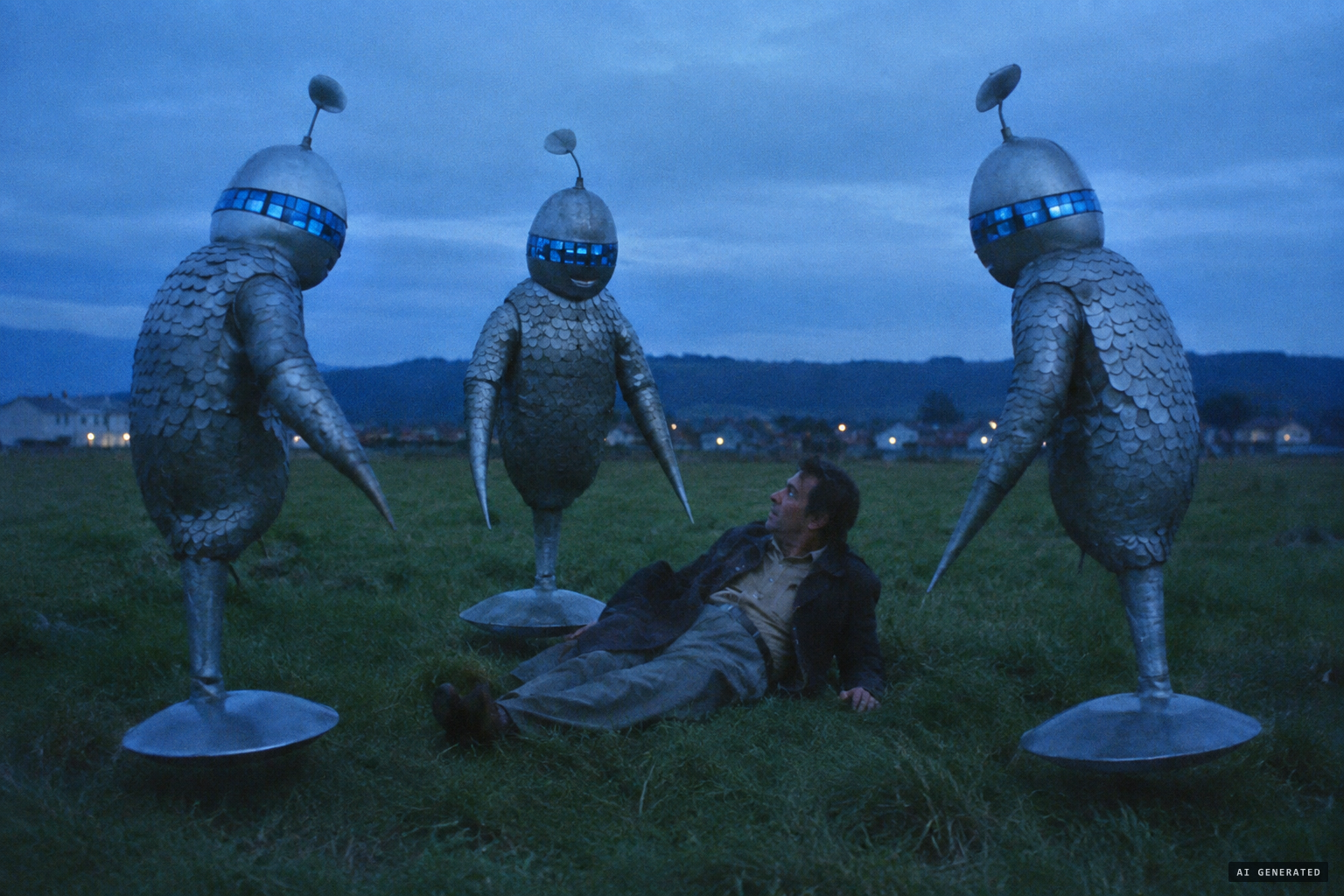 Three one-legged 'robots' with blue-mirrored egg heads glide up around him.