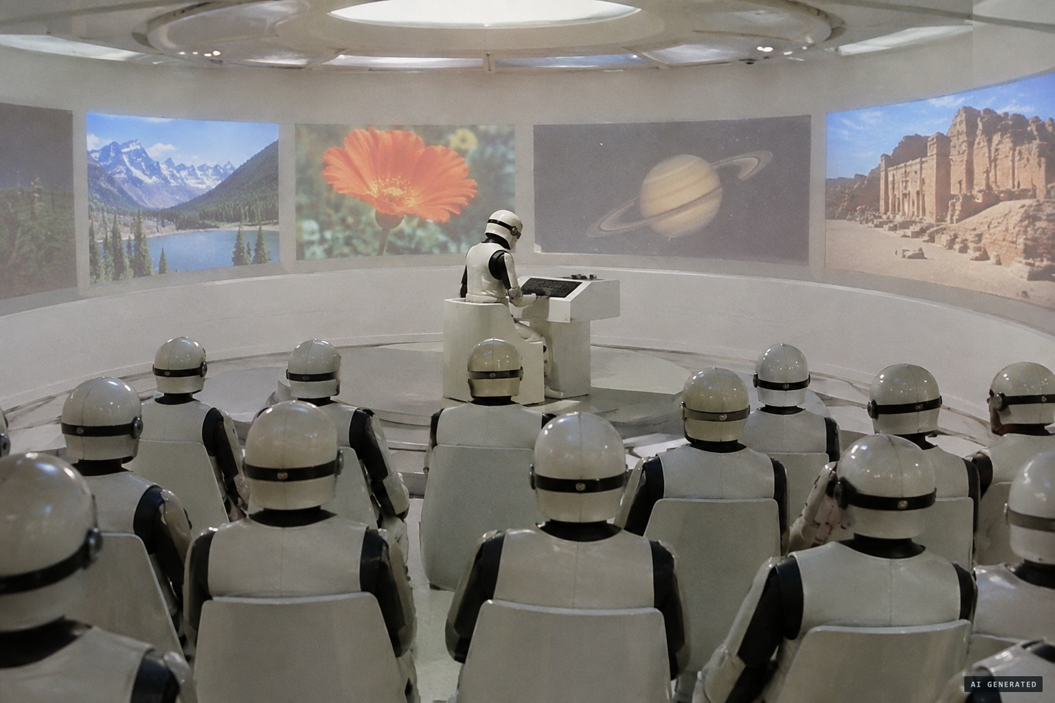 In a round white room, about 24 beings sit in rows as pictures appear on the wall.