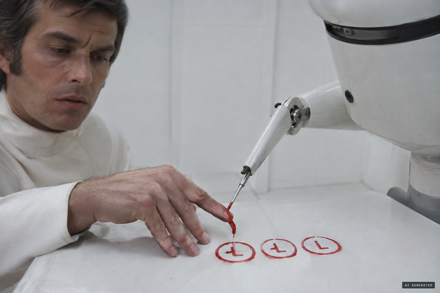 A being takes blood from his finger and draws three circles marked 'L'.