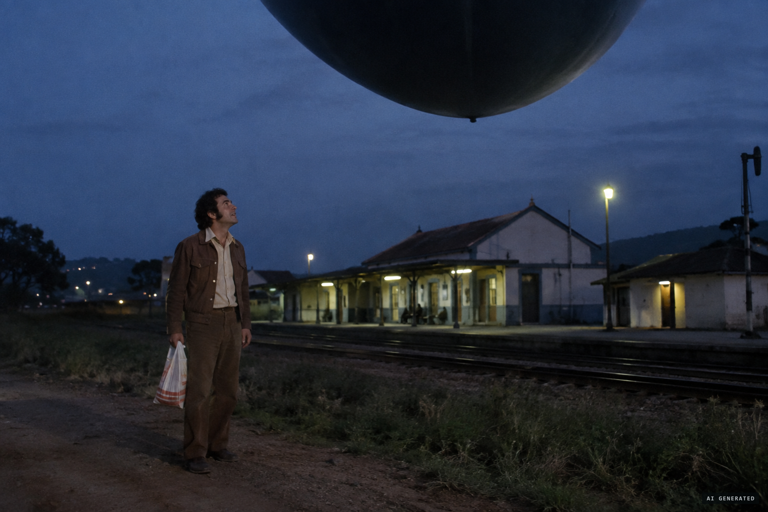 Thrown out near Paciência station, he sees 'the bottom of a dark, smooth balloon' lifting away.