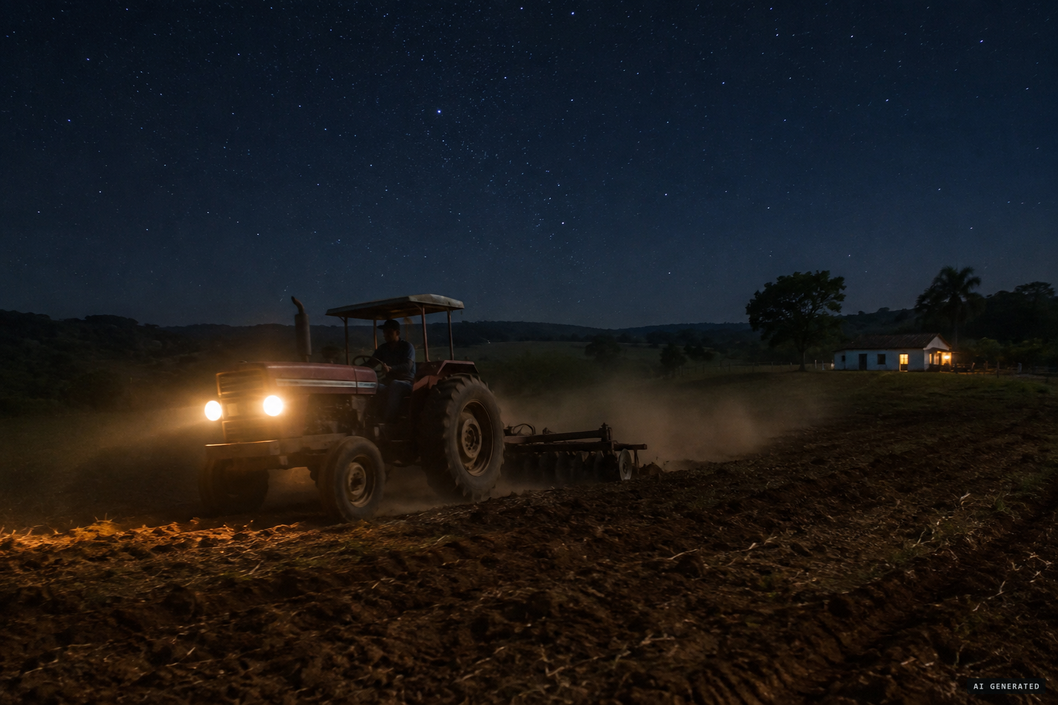 The Villas Boas sons plough their family farm at night near São Francisco de Sales.