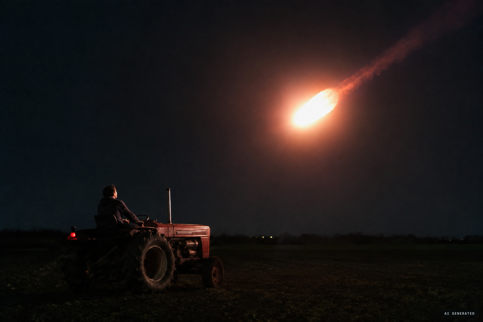 A red star becomes a luminous egg-shaped object flying toward the tractor.