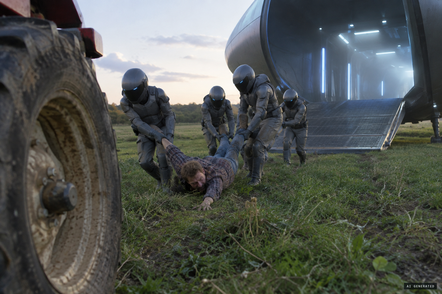 Four helmeted humanoids in grey suits drag Antônio inside.