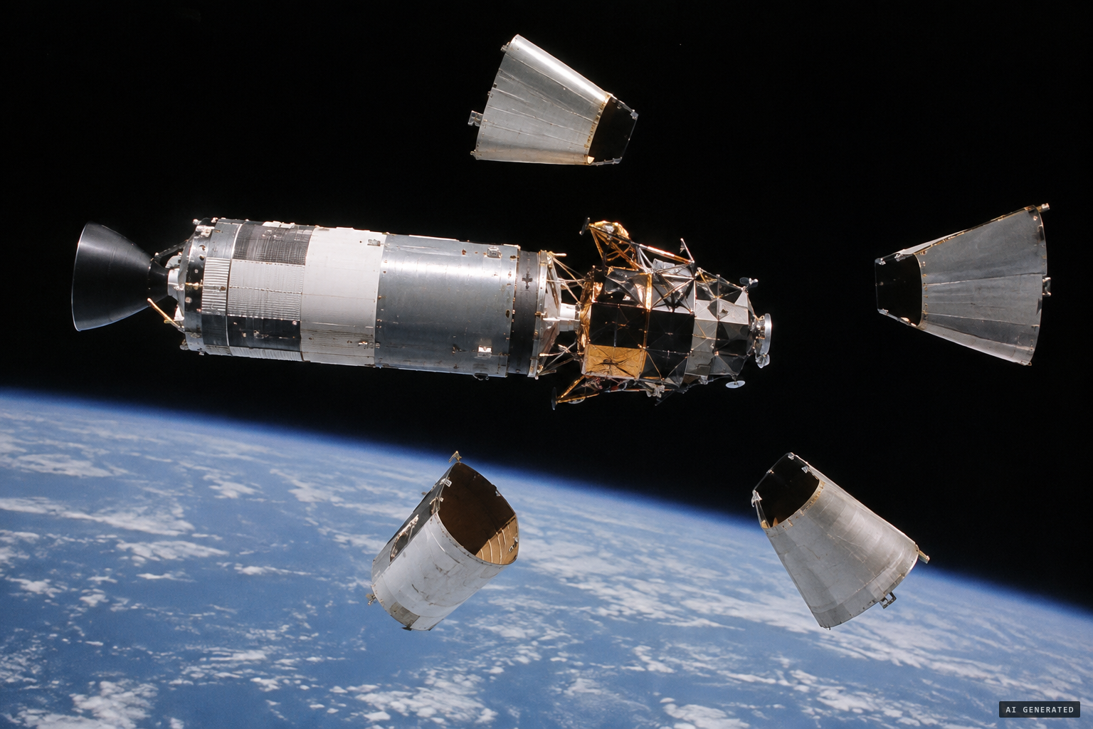 The four panels that shrouded the lunar lander drift away