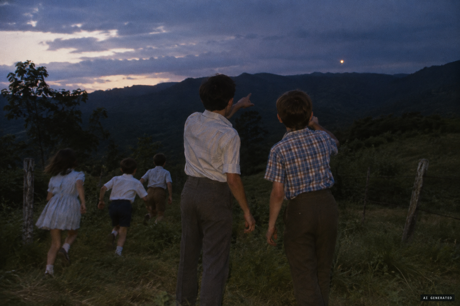 The children spot a small light in the distance and shout "platillo volador"