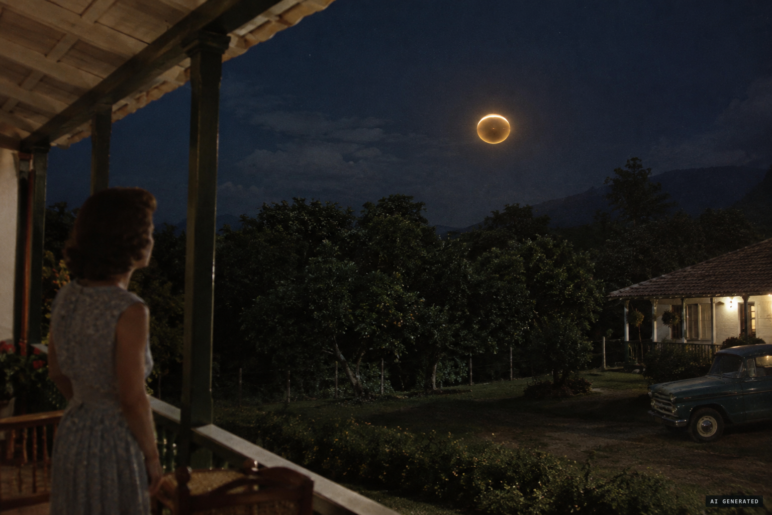 The glowing amber sphere circles silently above the walnut trees