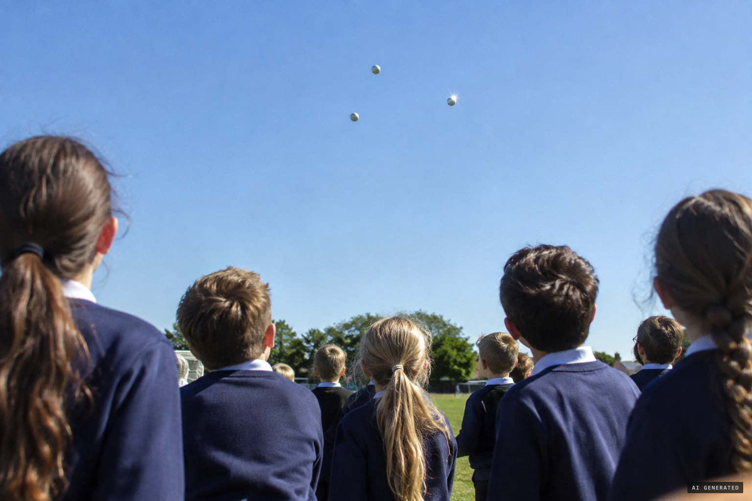 Children at morning break see three silver balls in the sky