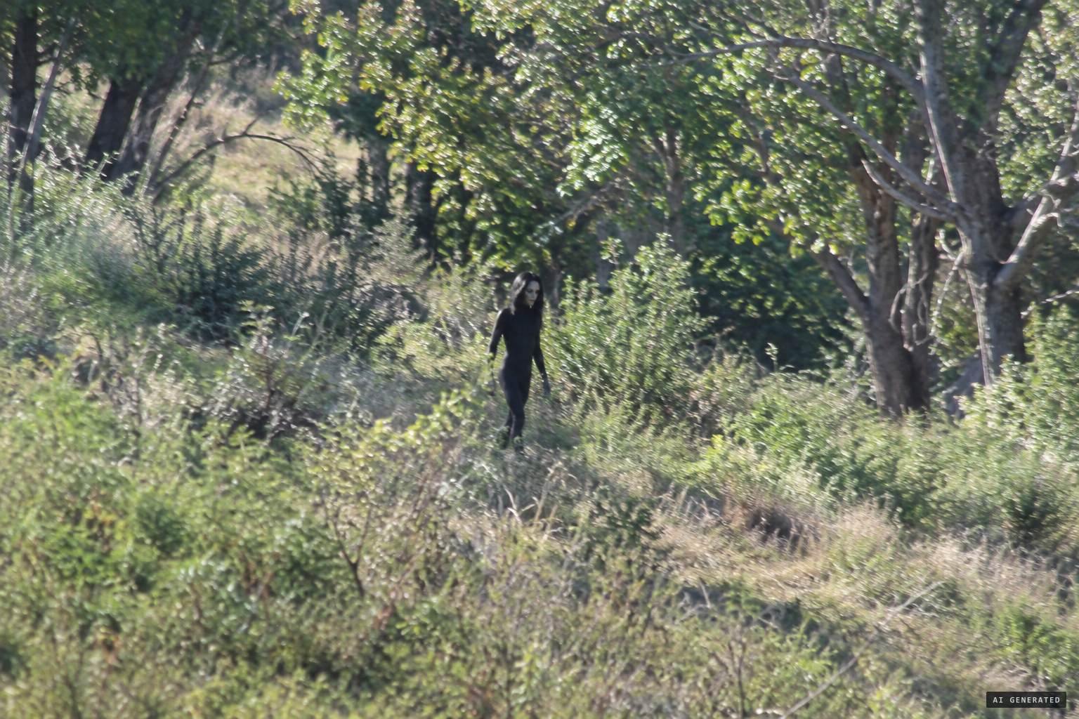 A small man in a shiny black suit walks across the rough ground