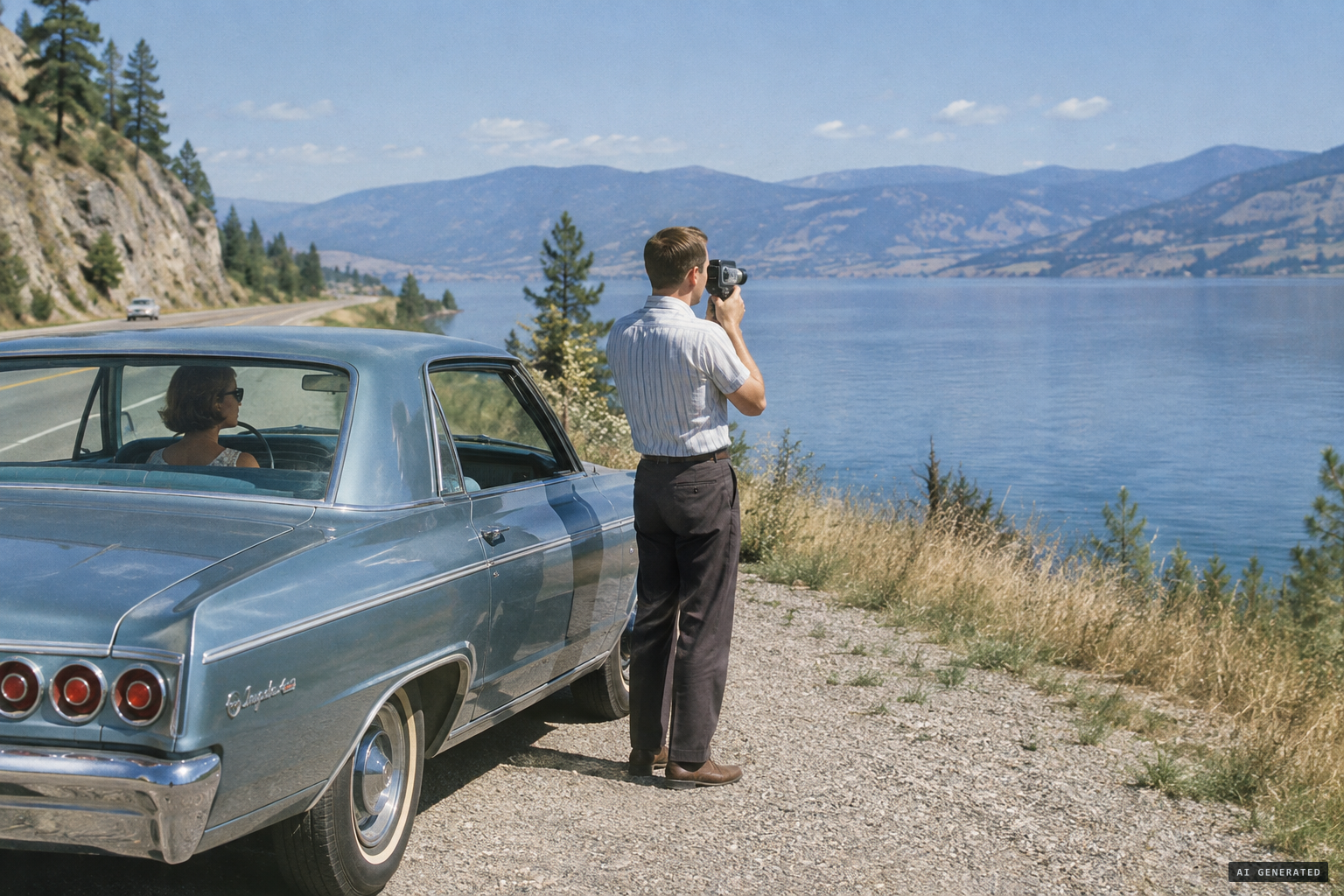 Art Folden pulls off Highway 97 and starts filming the lake