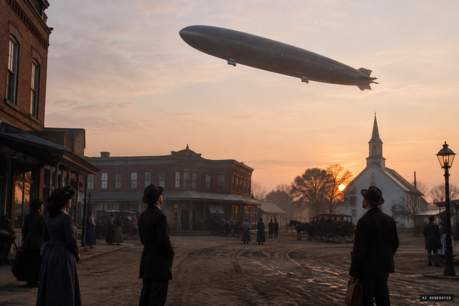 Early risers see the airship pass low over Aurora's public square
