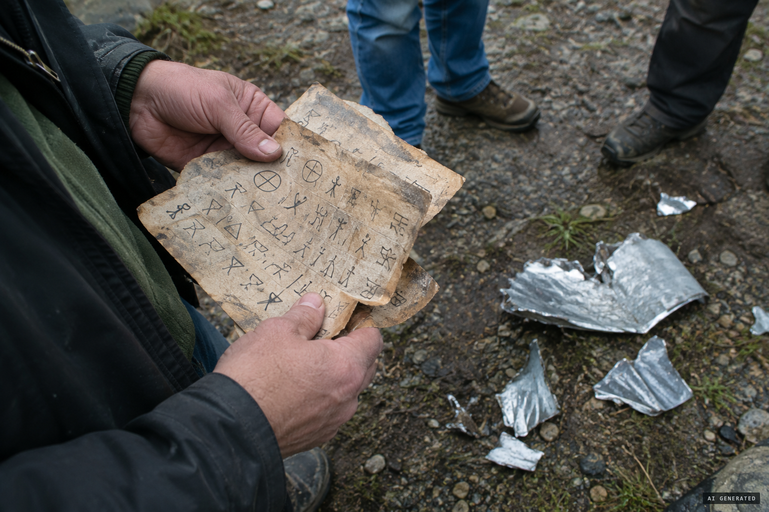 Papers in unknown hieroglyphics and metal like aluminum and silver