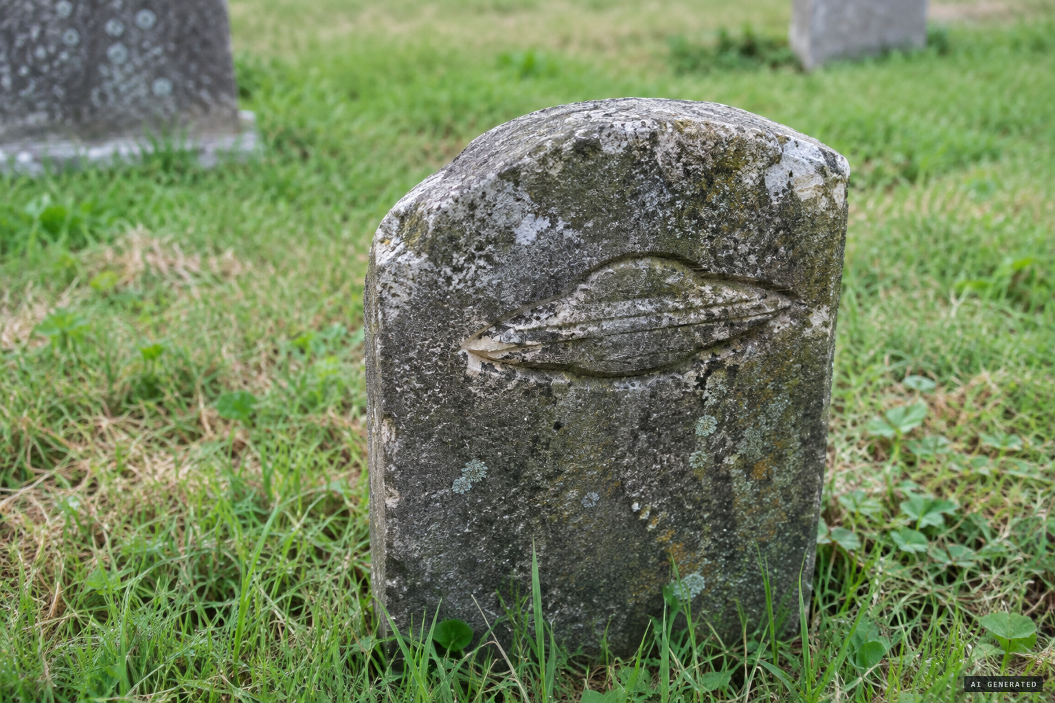 The crude grave stone carved with a cigar or saucer shape