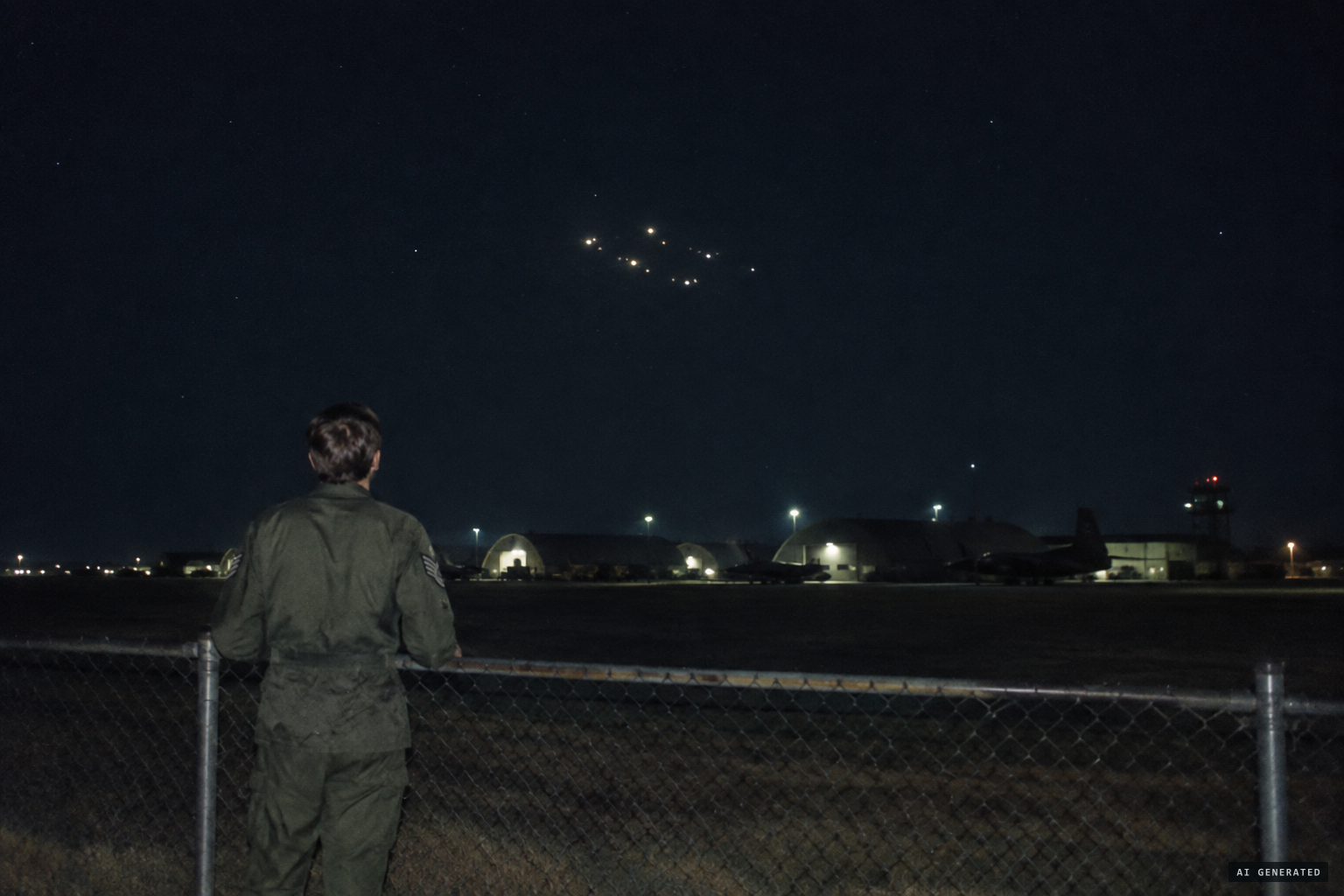 James Blake sees lights hanging above the Victor Alert hangars