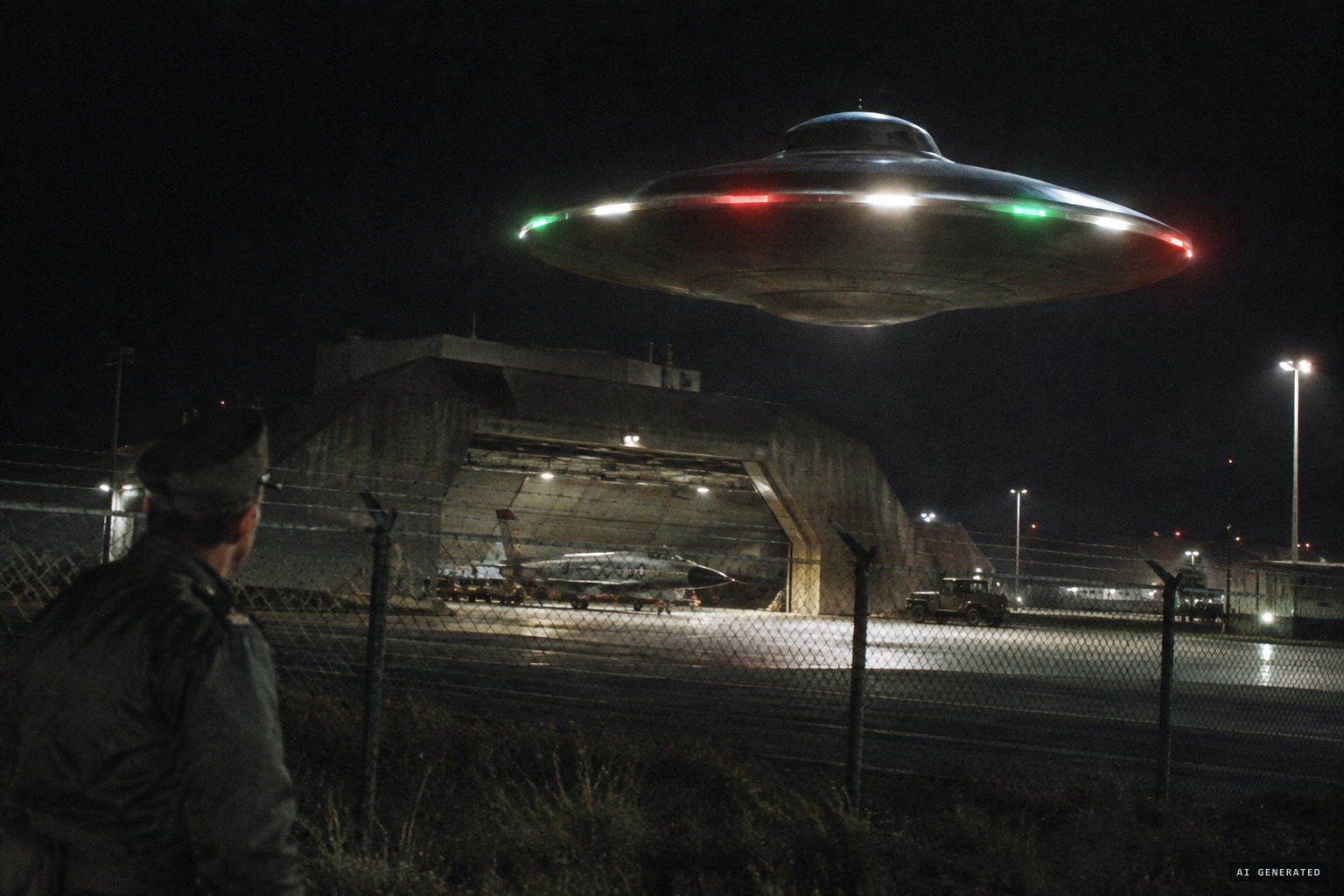 A large domed spinning top, about 45 metres across, hovers low over the hangar
