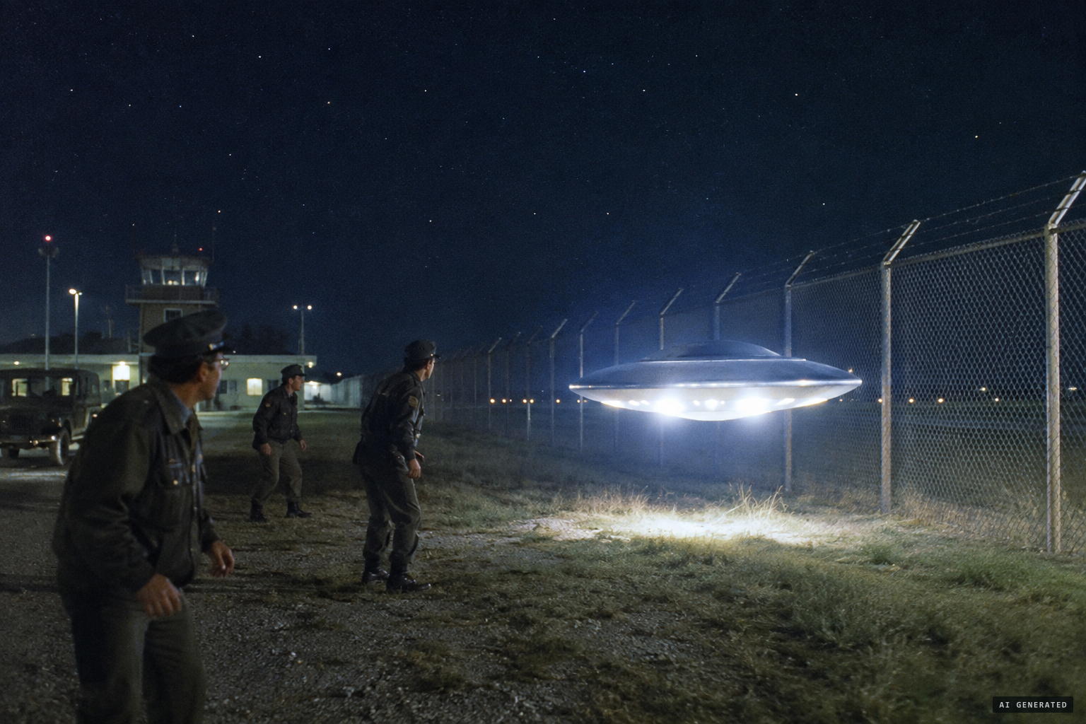 The silent UFO hovers a few feet off the ground near the WASA fence
