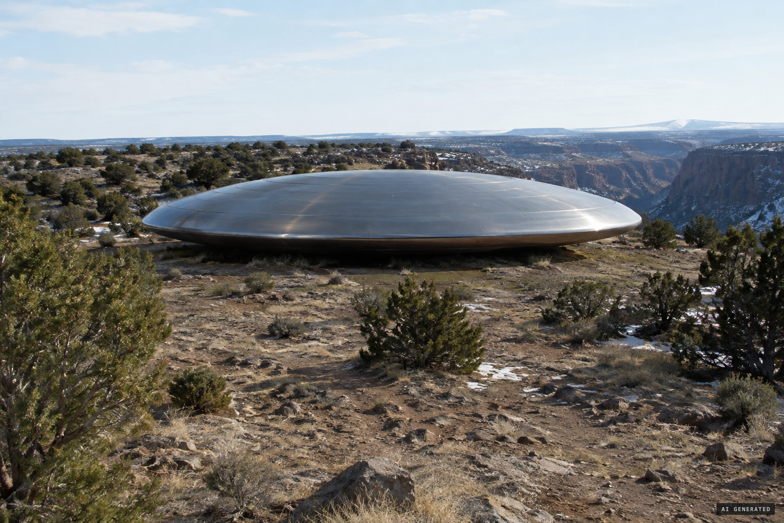 A disc 99.99 feet across rests on the mesa in Hart Canyon, 1948