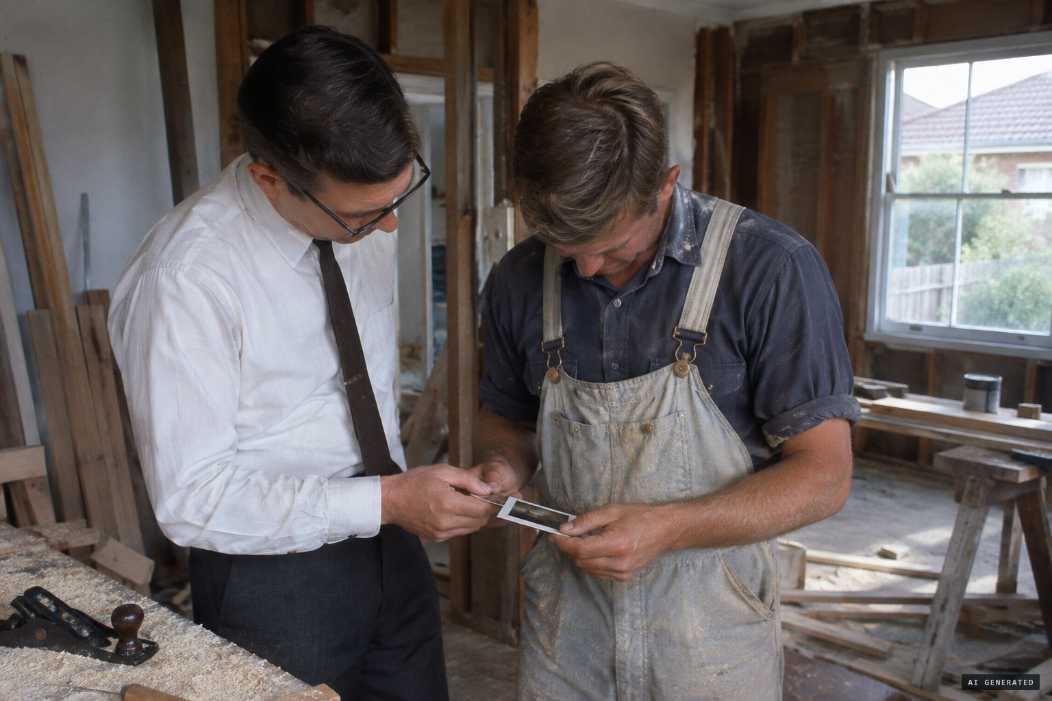 Kibel and carpenter David English watch the Polaroid develop