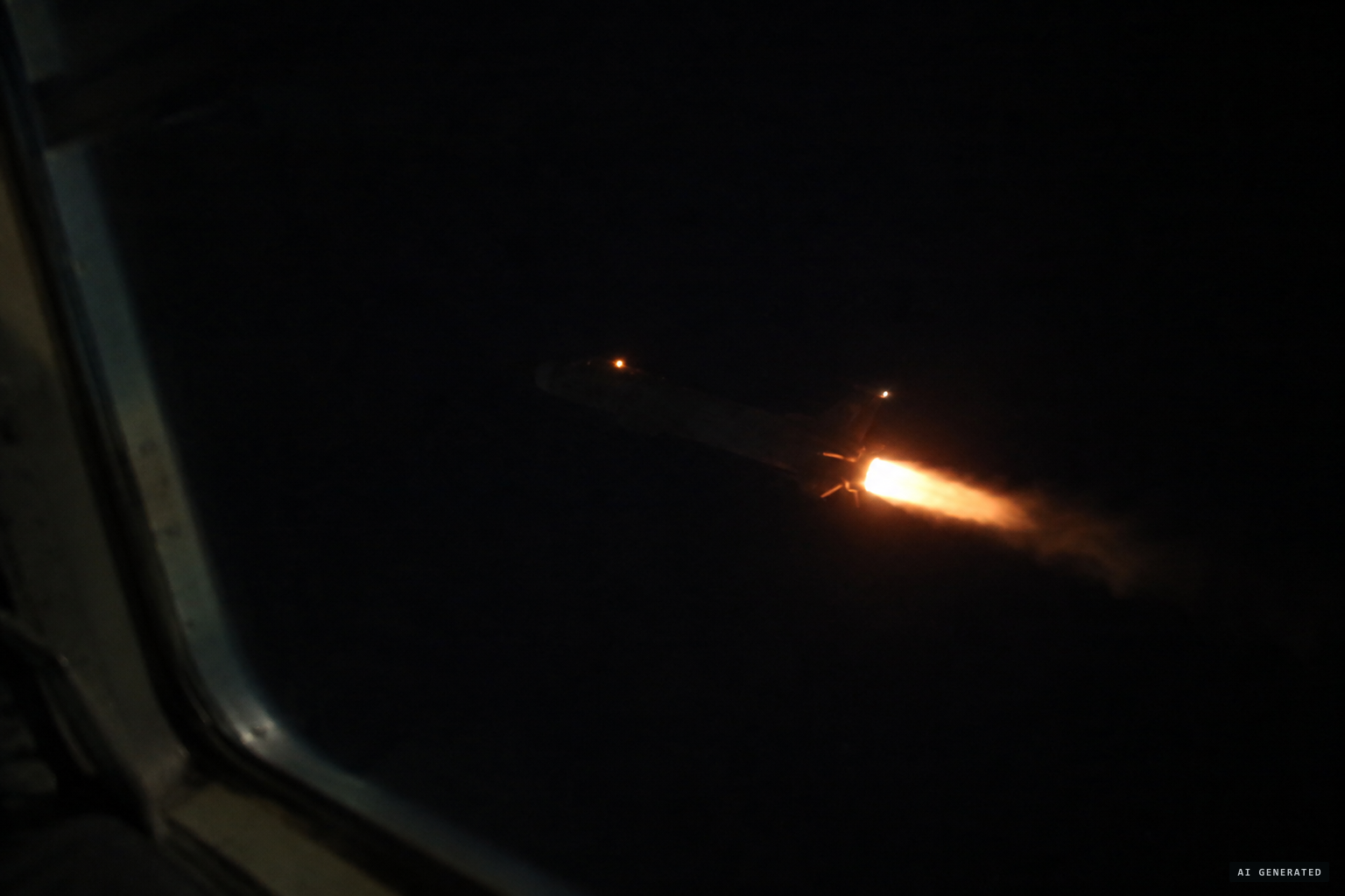 Only the object's rear end is visible, with a flickering light and flame belching from it