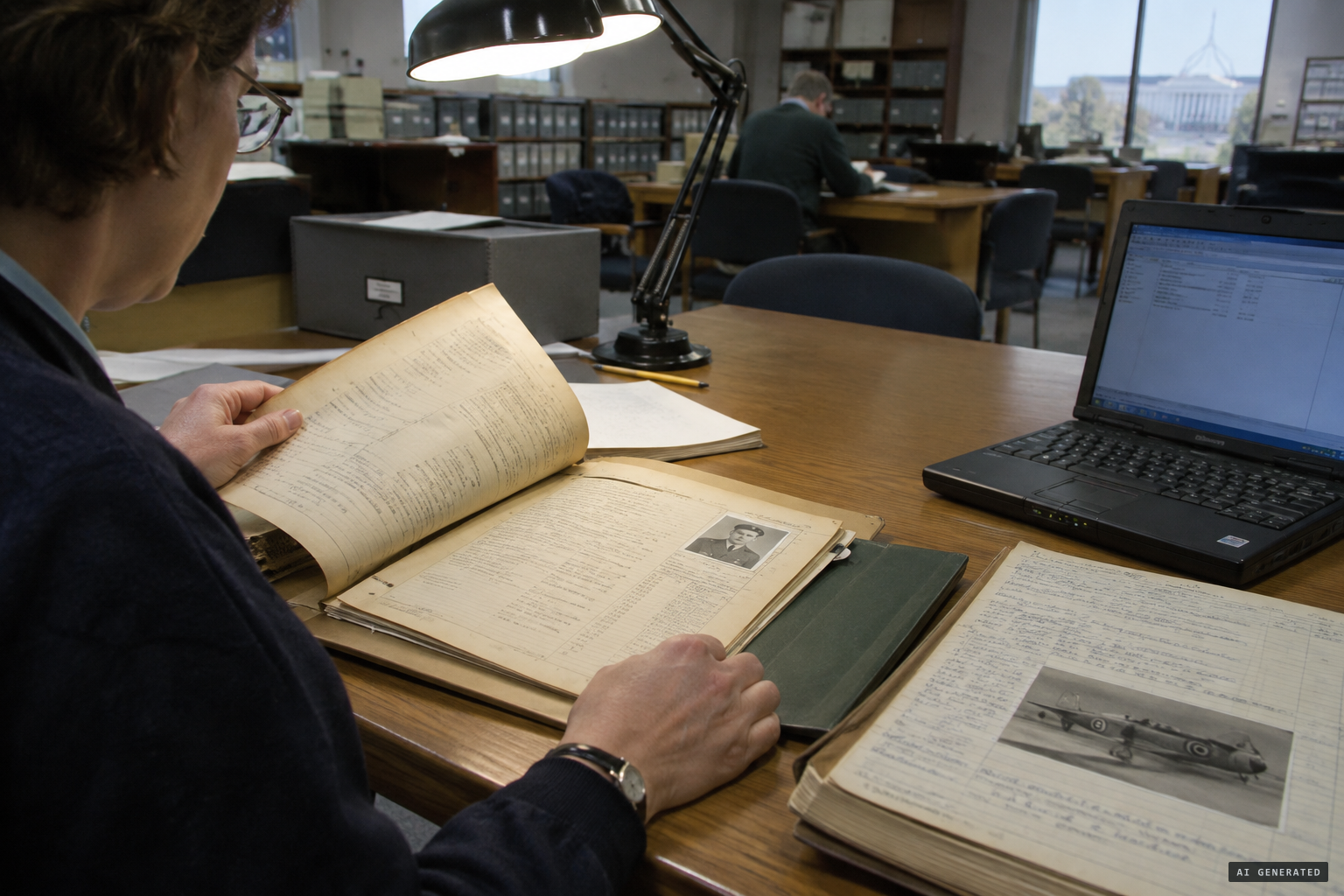A researcher examines Royal's service records and the squadron diaries in Canberra