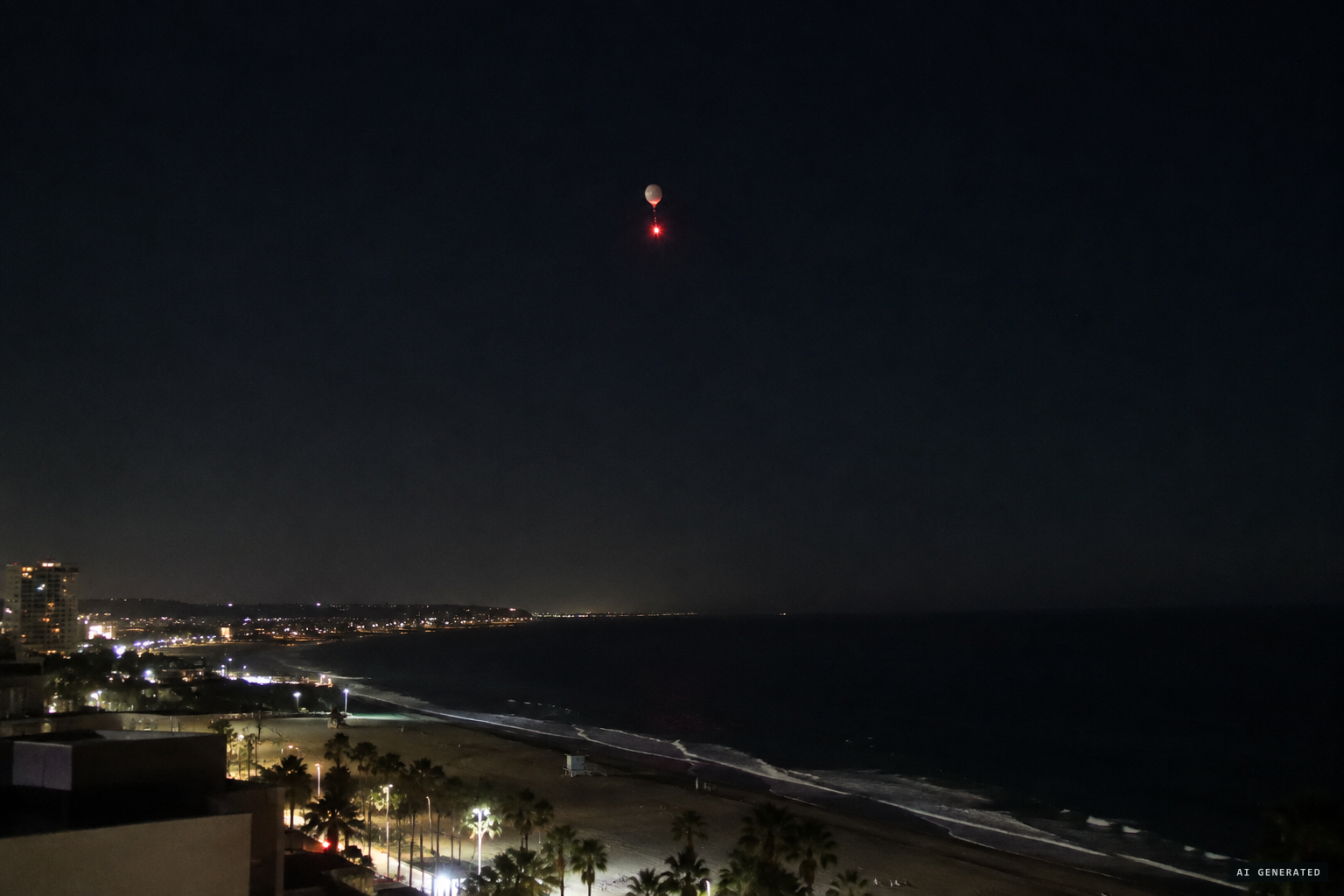 A balloon carrying a red flare over Santa Monica at 3:06