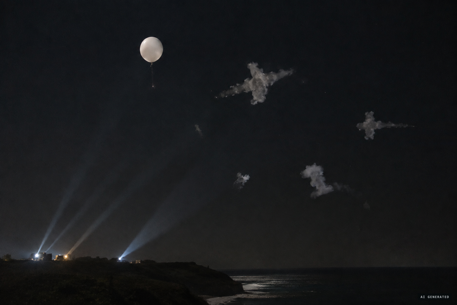 A meteorological balloon, and shell bursts caught in the searchlights mistaken for planes