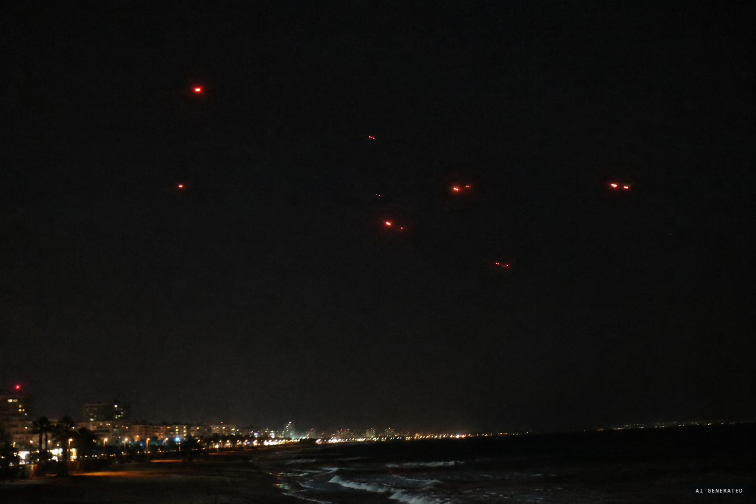 Bright red spots of light in a pattern no man-made object could make