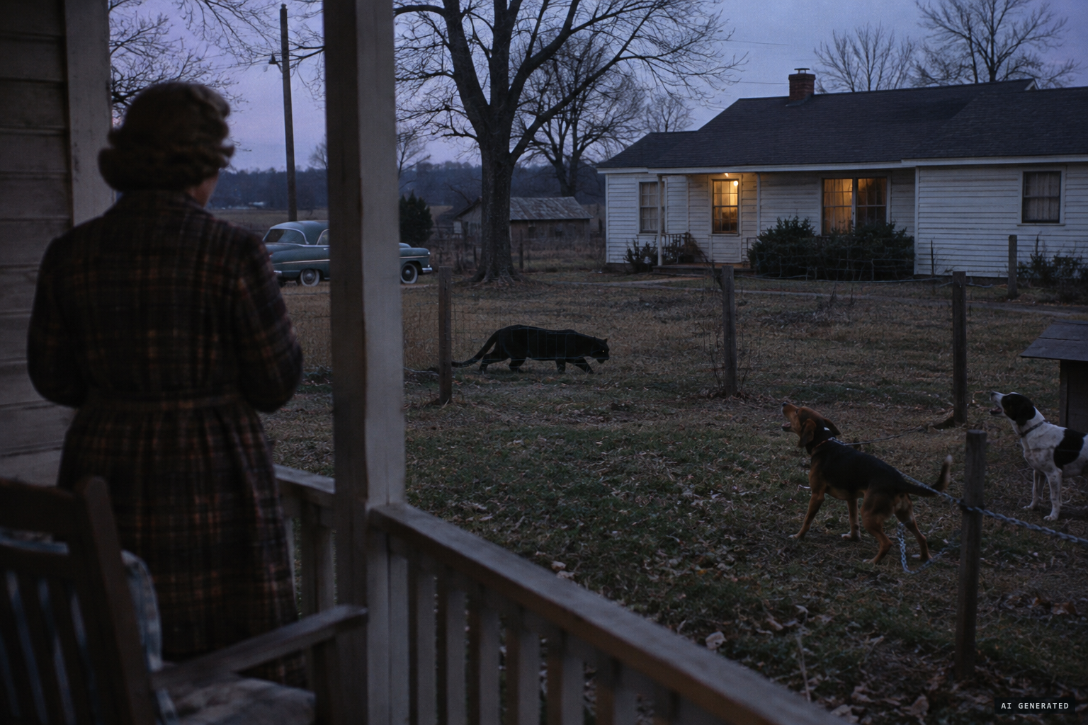 A large black cat-like animal in a Clarkton yard as the dogs bark