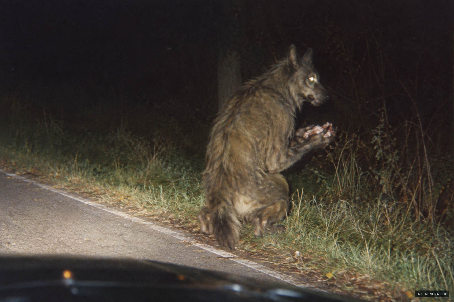 The kneeling creature, holding its food palms up, eyes glowing in the headlights