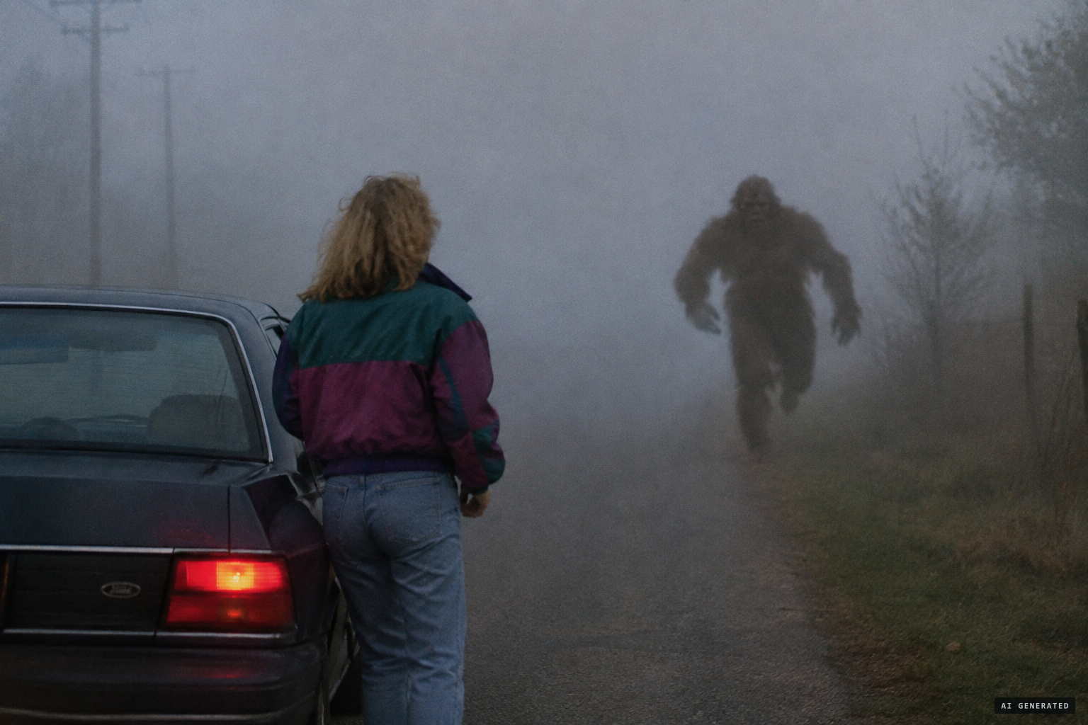 Gipson steps out of her car, and the hairy thing comes running at her on two legs