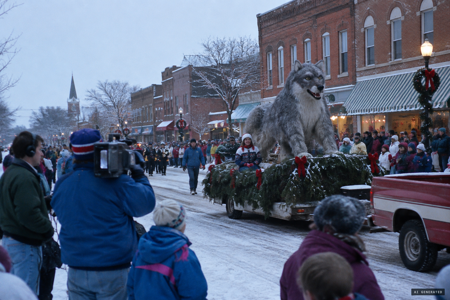 The story goes national: TV crews arrive and the Christmas parade gets a Beast float