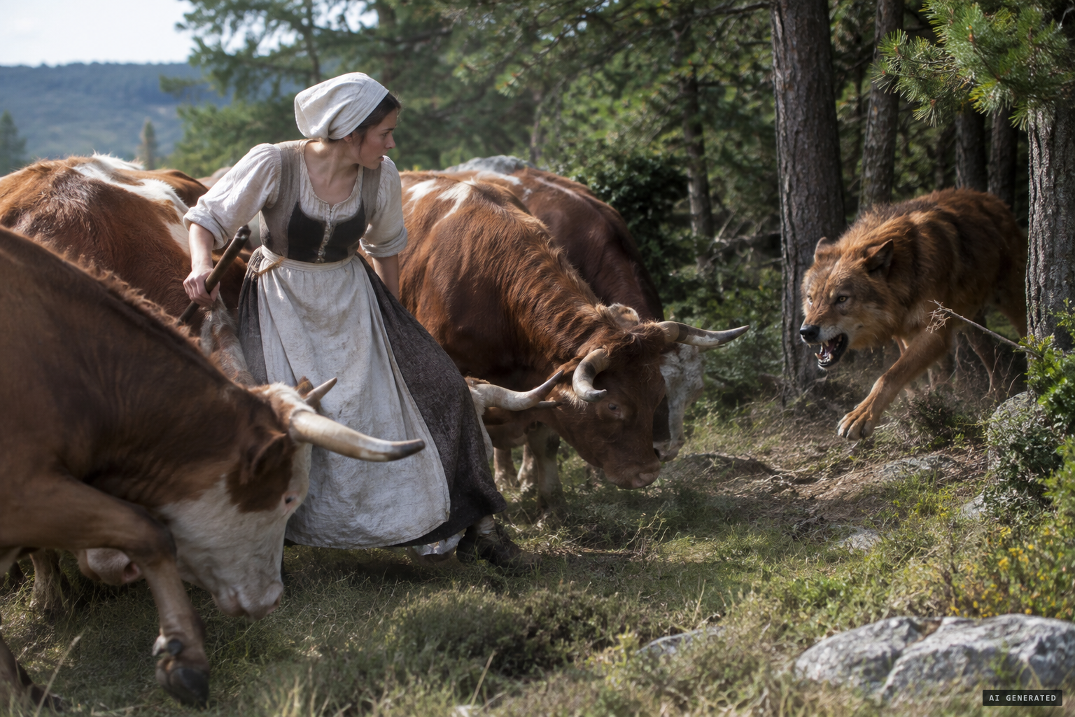 A beast "like a wolf, yet not a wolf" attacks a cowherd, and her herd defends her