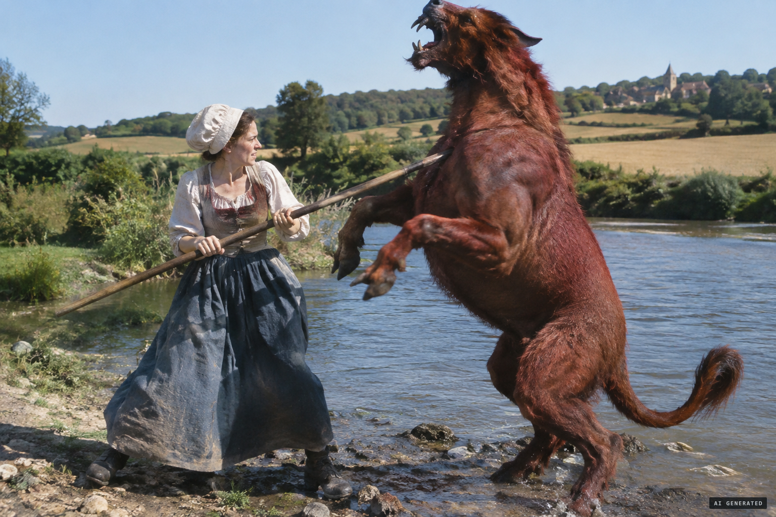 Marie-Jeanne Vallet stabs the Beast in the chest with her bayonet