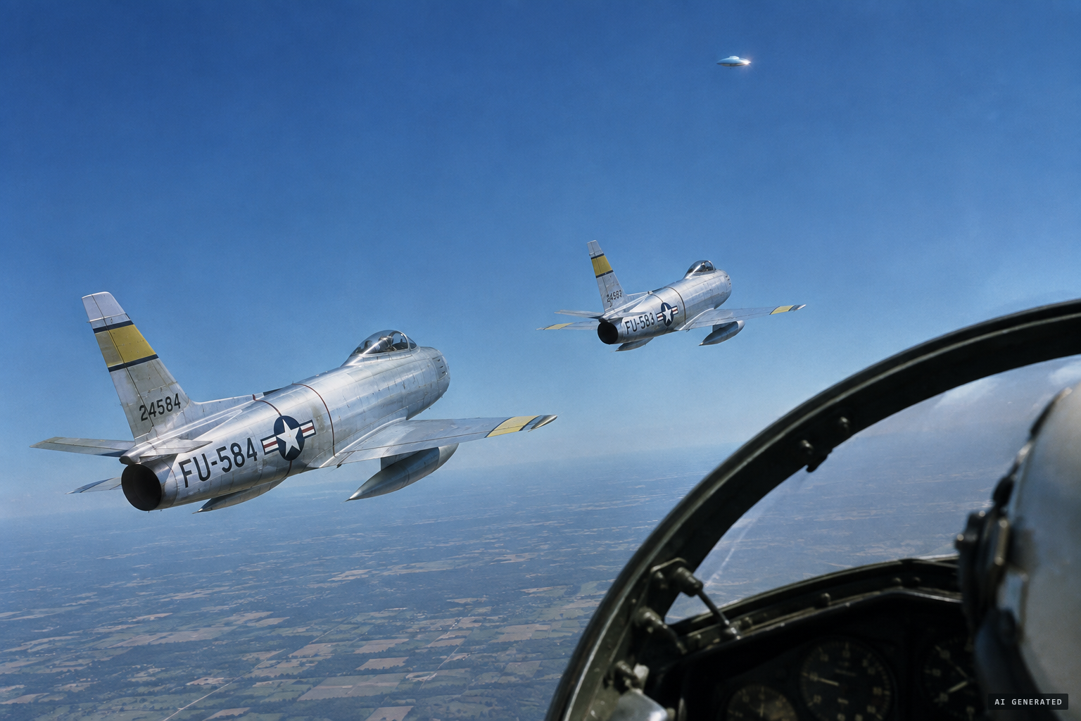 Two F-86s from Wright-Patterson sight a silver, round object far above them