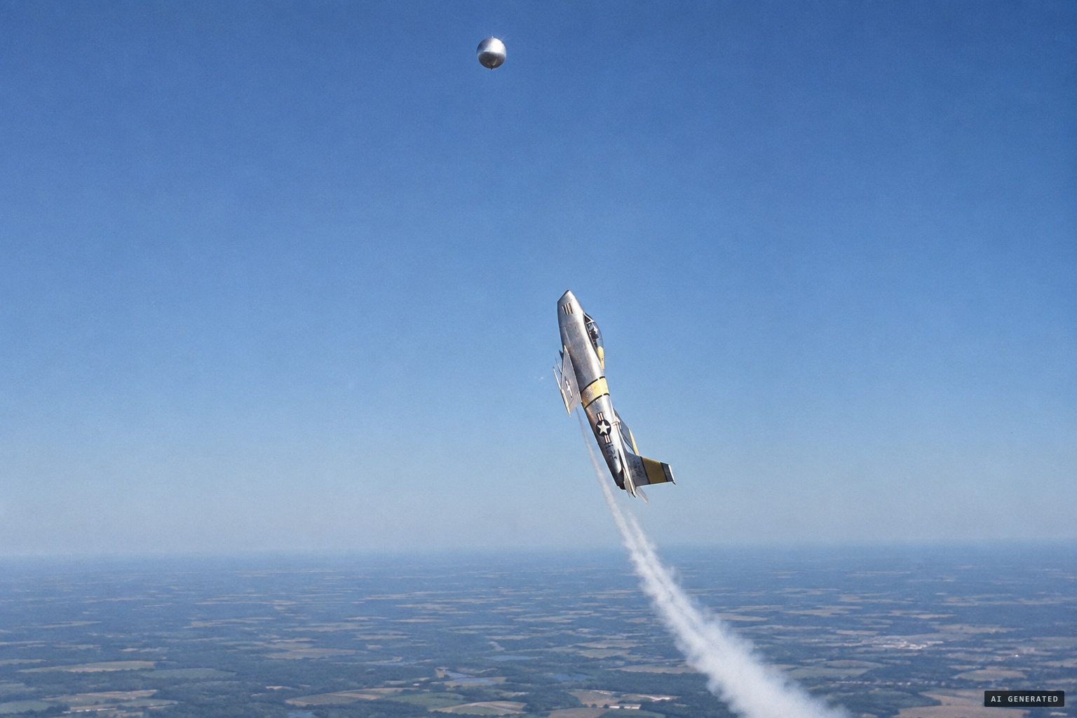 On the second climb, Smith pulls his F-86 up into a stall to film the hovering object