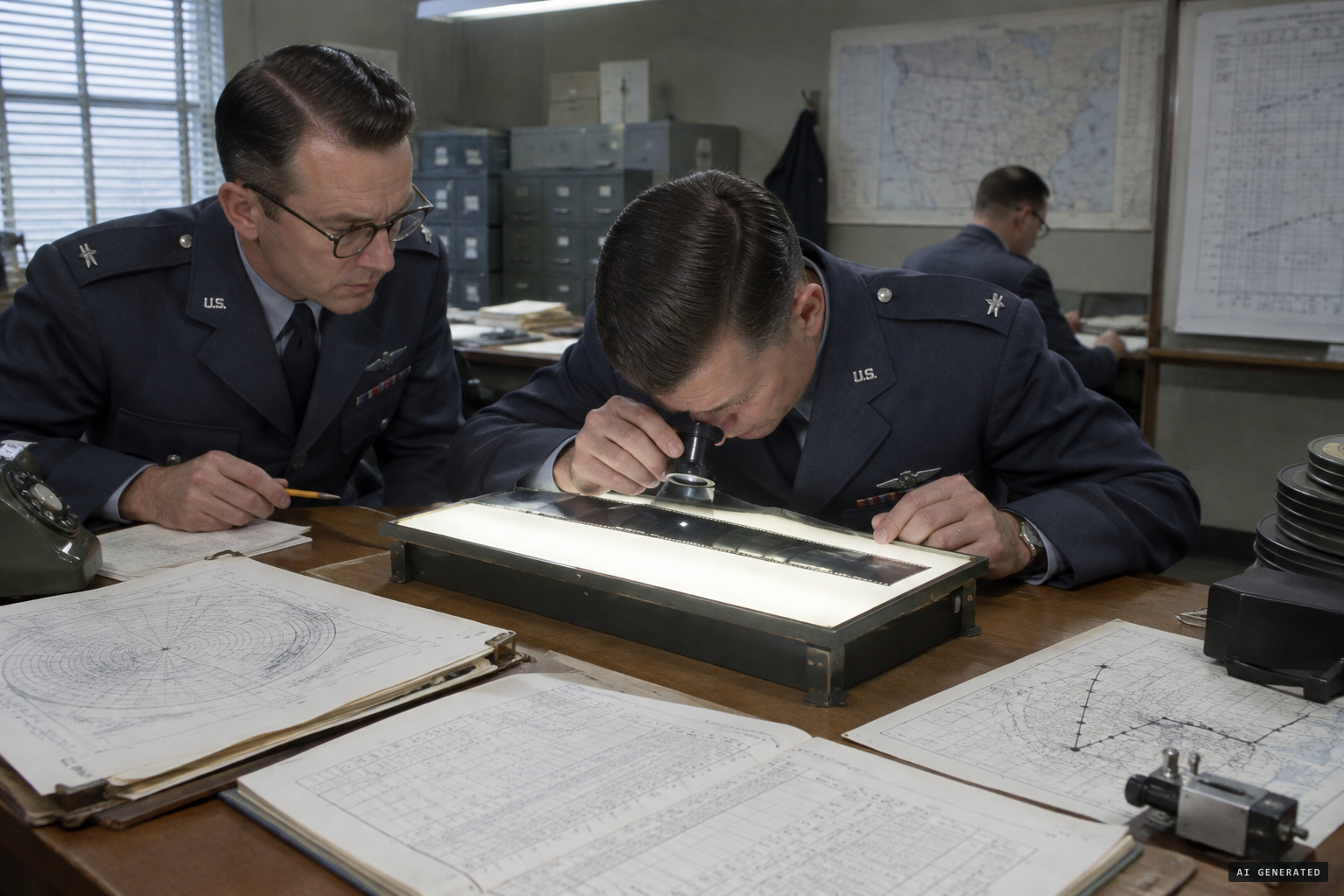 Blue Book analysts examine the fuzzy image on the gun camera film