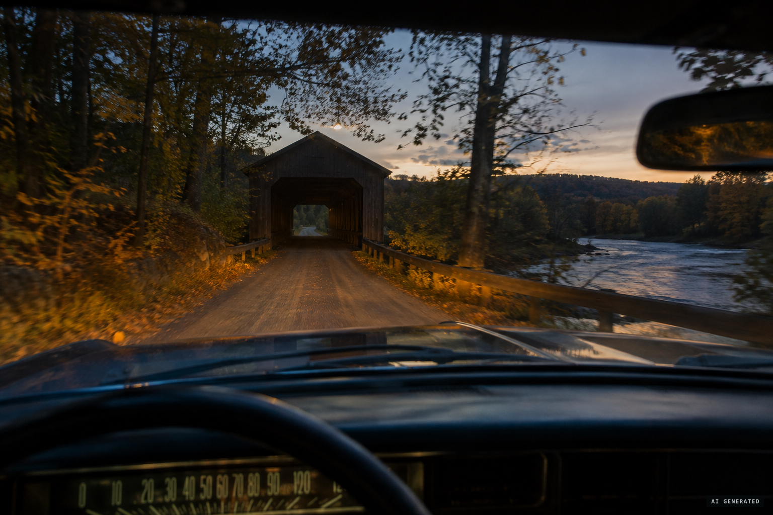An amber glow on both sides of the dirt road near the covered bridge
