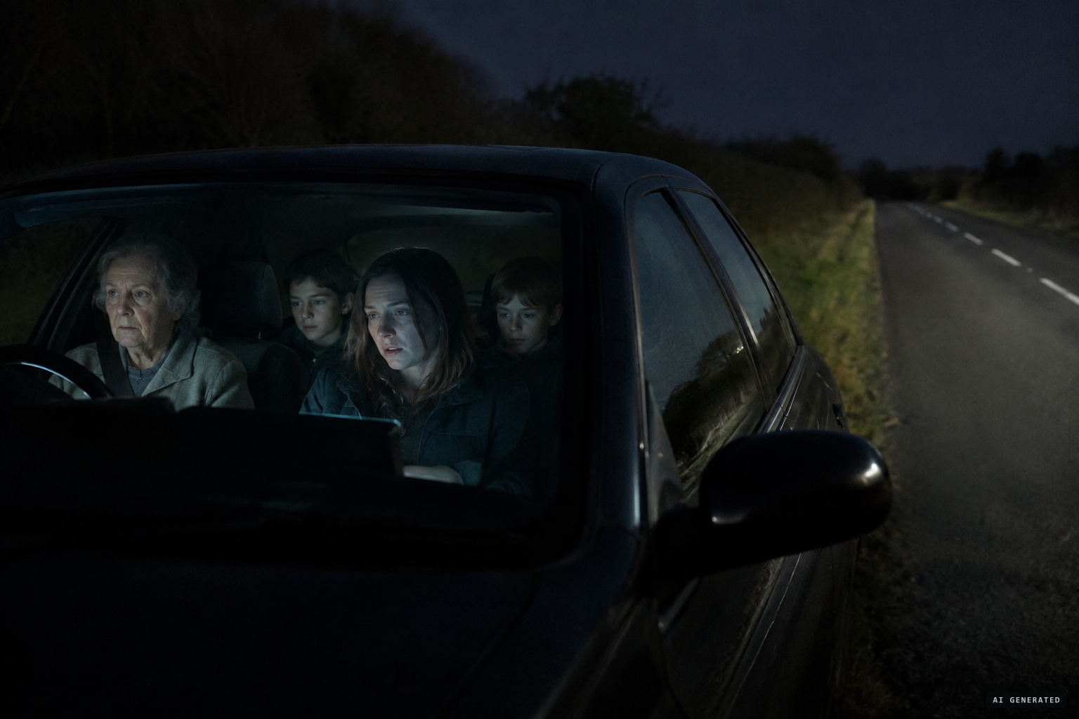 The family comes to in the car, the grandmother at the wheel