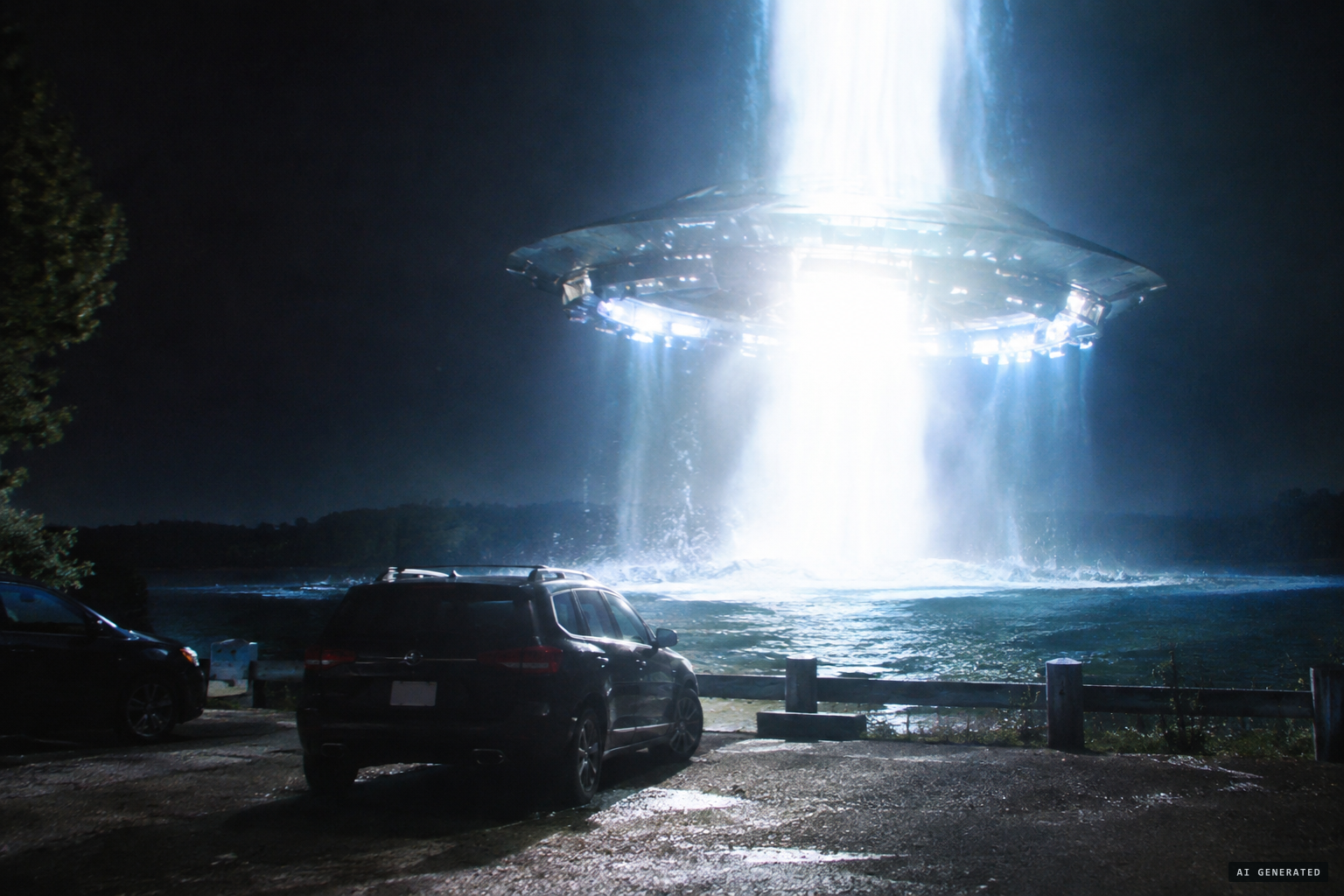 A huge craft rises out of Lake Mansfield as light engulfs the car