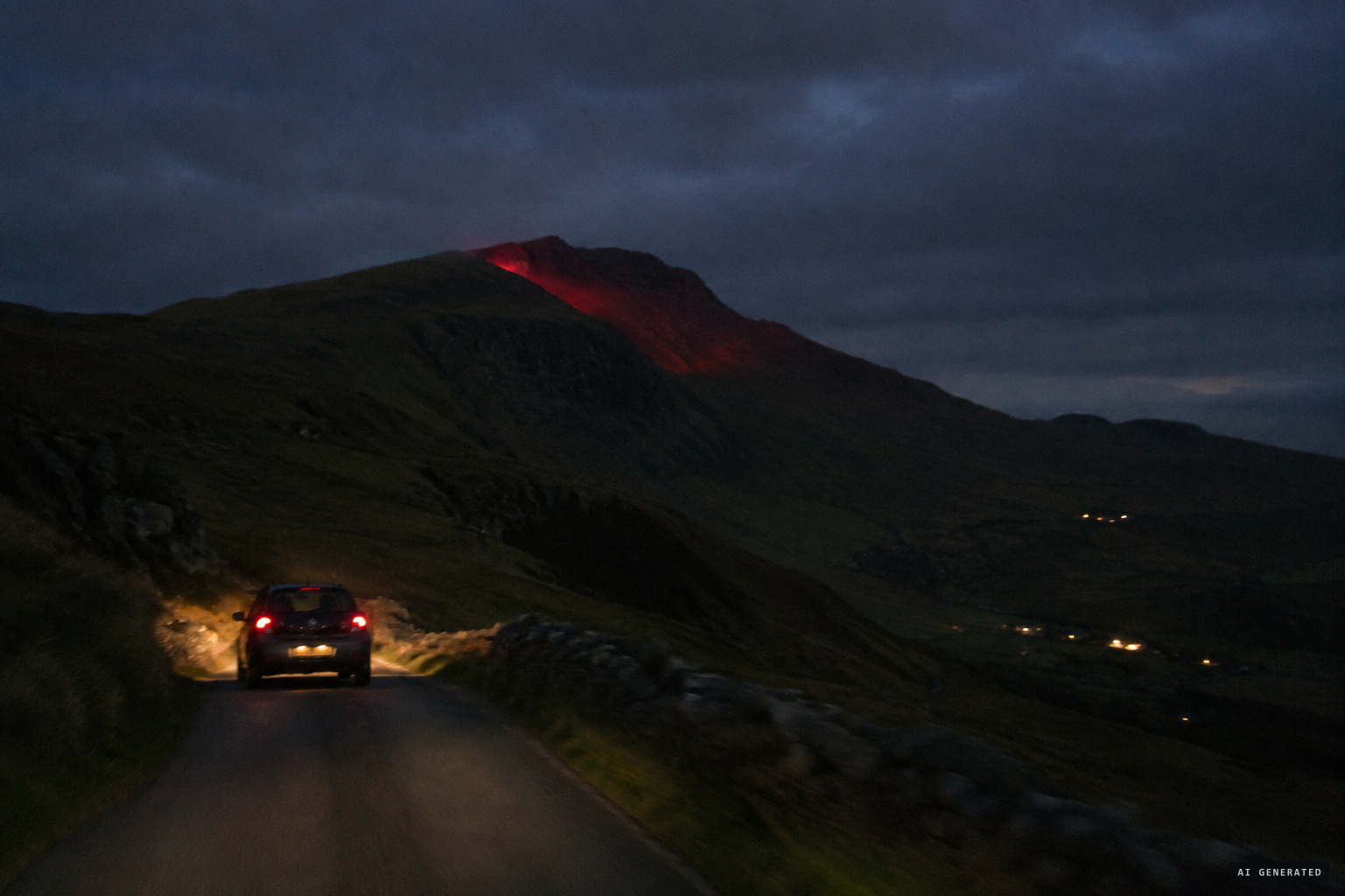 The nurse and her daughters drive toward a red glow on Cadair Berwyn