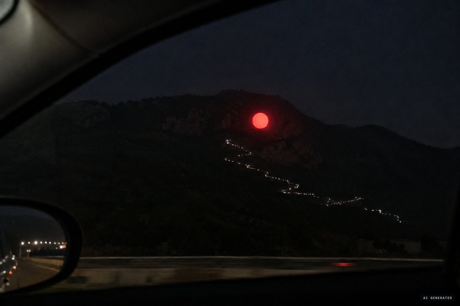 A large perfect circle, coal fire red, with small white lights zigzagging below