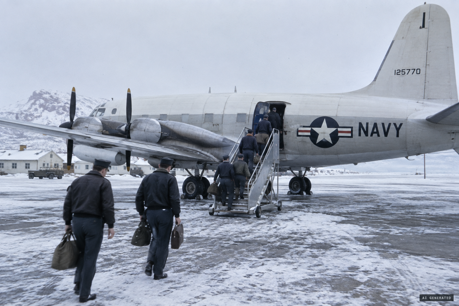 The US Navy R5D of Flight 125 prepares to leave Keflavík for Argentia